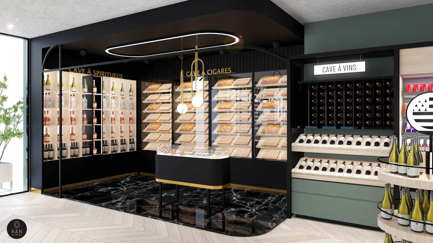 Architecte bureau de tabac Drugstore Brest Designer bureau de tabac Architecte intérieur Design bureau de tabac Architecte bureau de tabac Agenceur bureau de tabac Drugstore Duty free Vape CBD Travaux Cet espace de 170 m² offre une large gamme de produits, de la presse à la vape, en passant par les produits locaux, cigares et spiritueux. Conçu comme un duty-free d’aéroport, chaque corner possède sa propre ambiance, comme l’espace Presse avec une carte de Brest, une épicerie fine bretonne, un corner Vape/CBD moderne, et une cave à cigares premium.