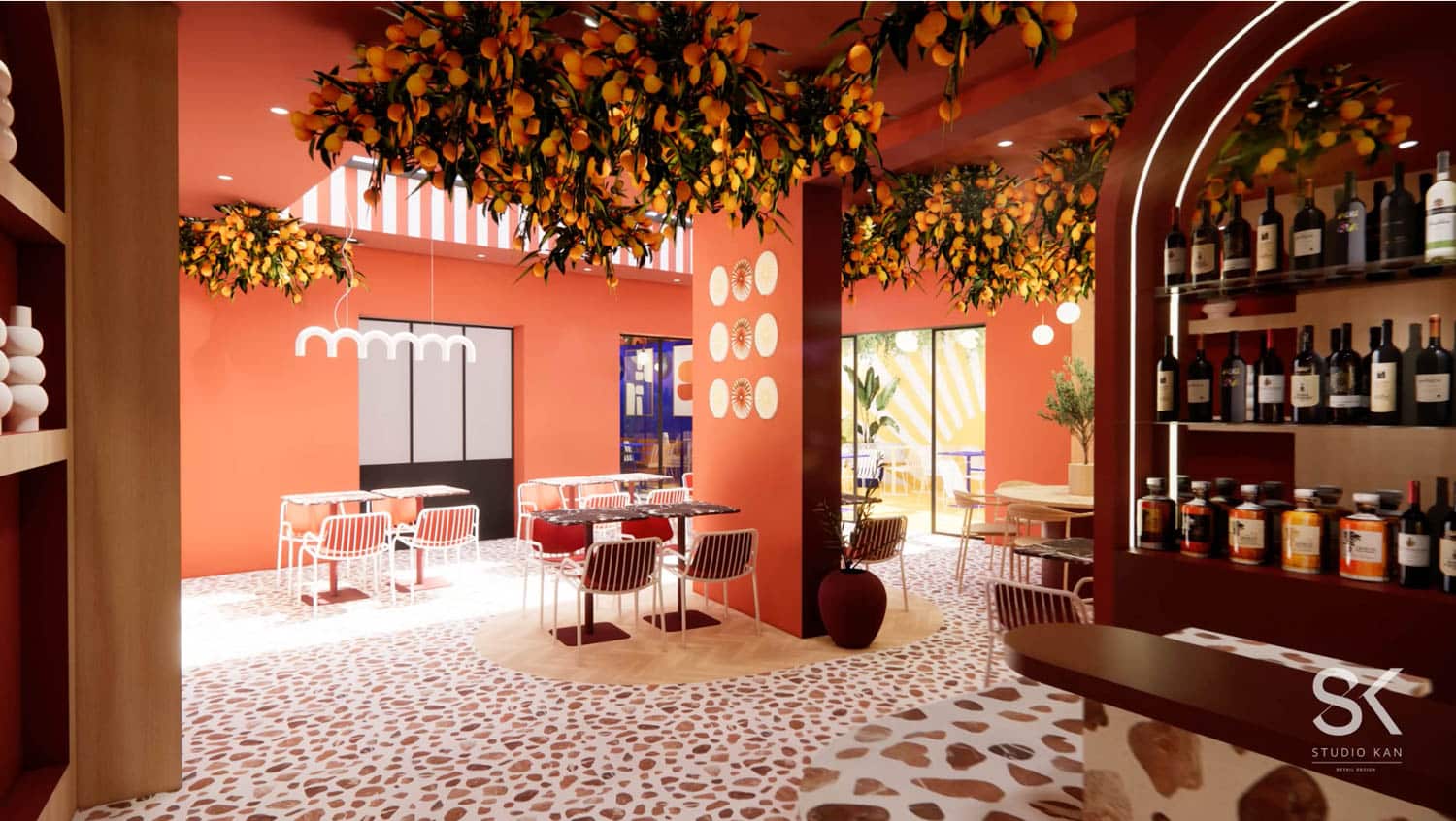 L'Instant : vue 3D de la salle orange et du bar L'Instant : vue 3D de la salle orange et du bar – Studio Kan