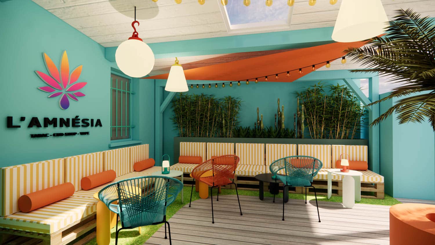 L'Amnesia : vue 3D de la salle avec logo mural – Studio Kan
