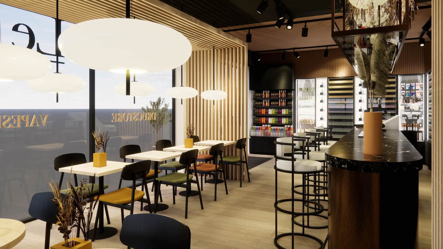 Le Quinze : vue 3D de la salle et du bar Le Quinze : vue 3D de la salle et du bar – Studio Kan