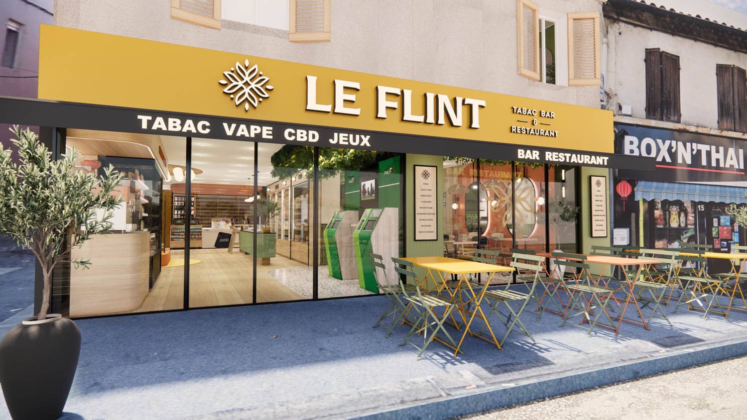 Le Flint : façade 3D bar tabac restaurant Le Flint : façade 3D bar tabac restaurant – Studio Kan