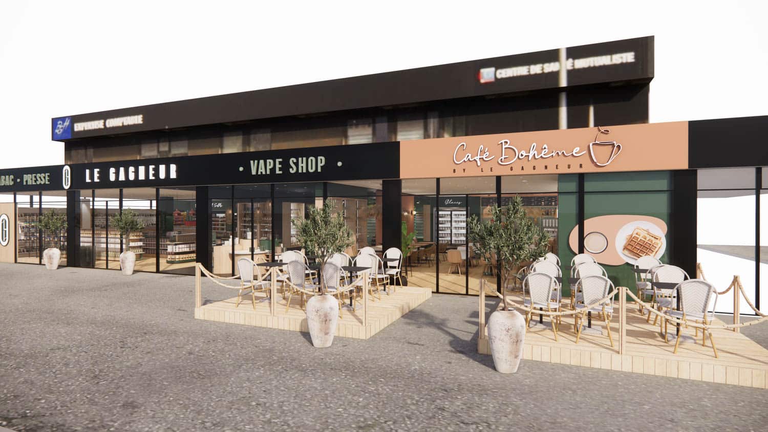 Café Bohème : façade 3D avec terrasse Café Bohème : façade 3D avec terrasse – Studio Kan