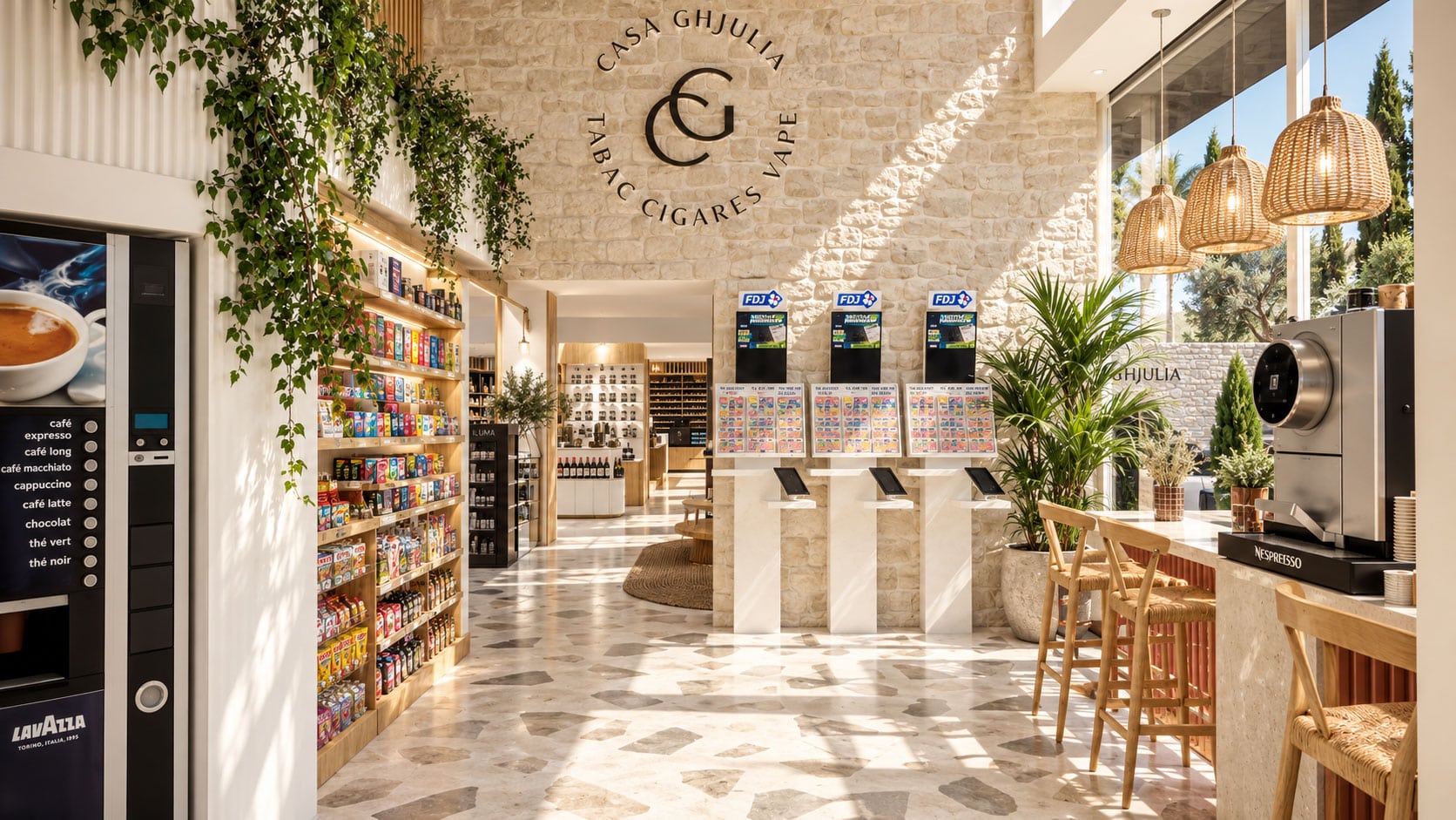 Casa Ghjulia : entrée lumineuse avec comptoir et plantes Casa Ghjulia : entrée lumineuse avec comptoir et plantes – Studio Kan